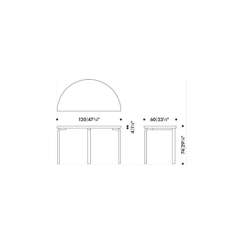 dimensions 95 Table half-round, Black linoleum - Artek - Alvar Aalto - Accueil - Furniture by Designcollectors