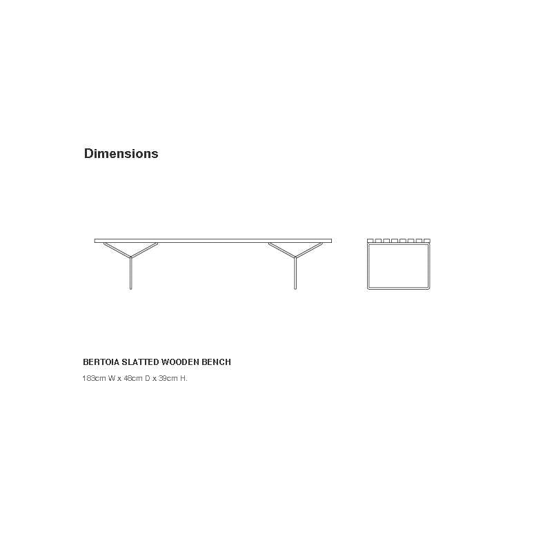 dimensions Bertoia Bench with teak slats, Black rilsan - Knoll - Harry Bertoia - Outdoor Dining - Furniture by Designcollectors