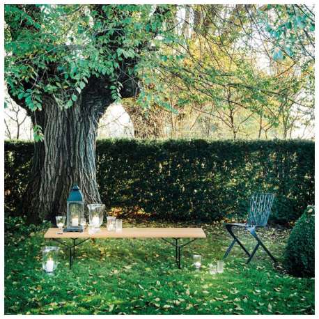 Bertoia Bench with teak slats, Black rilsan - Knoll - Harry Bertoia - Outdoor Dining - Furniture by Designcollectors