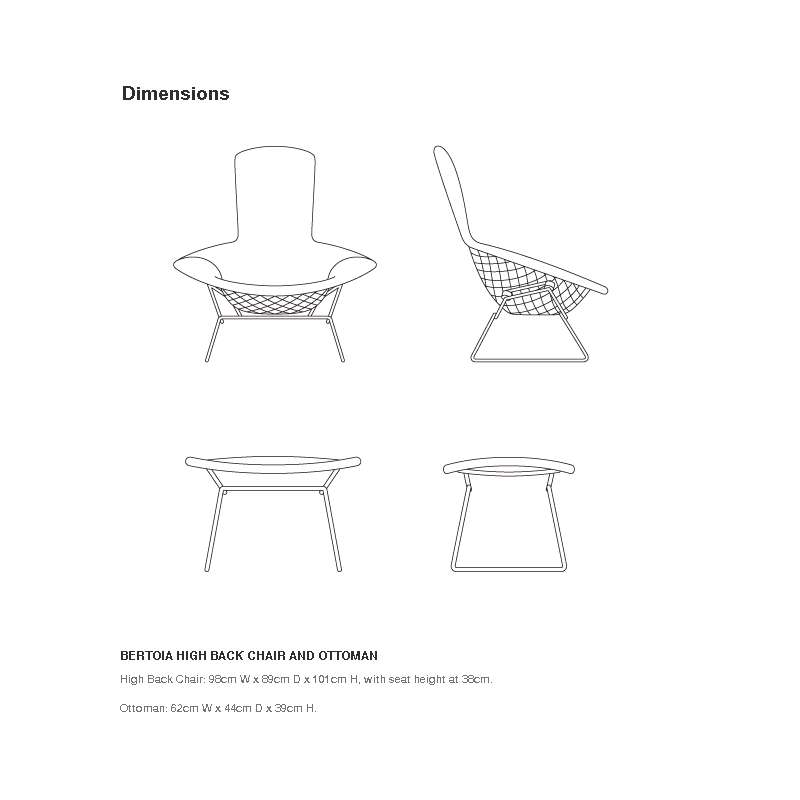 dimensions Bertoia High Back Armstoel, Capraia Sky/blue - Knoll -  - Lounge Chairs & Club Chairs - Furniture by Designcollectors
