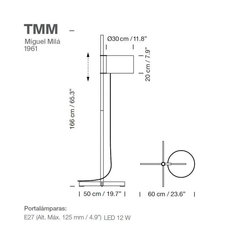 dimensions TMM Floor Lamp, Walnut, Beige - Santa & Cole - Miguel Milá - Staande Lampen - Furniture by Designcollectors