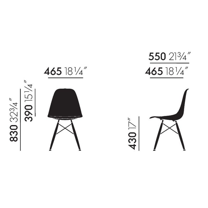 dimensions Eames Plastic Chair DSW Stoel zonder bekleding - moss grey - end of life - Vitra - Charles & Ray Eames - Home - Furniture by Designcollectors