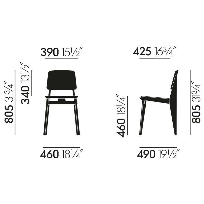 dimensions Chaise Tout Bois Chair, Dark oak - Vitra - Jean Prouvé - Accueil - Furniture by Designcollectors