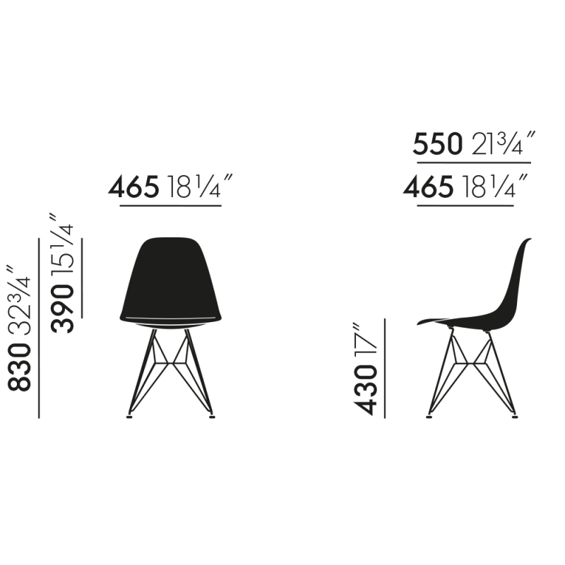 dimensions Eames DSR without upholstery (original & new height) - Vitra - Charles & Ray Eames - Accueil - Furniture by Designcollectors
