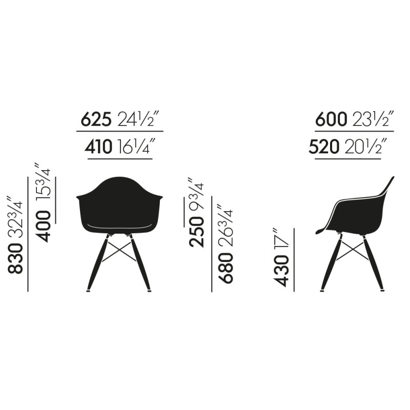 dimensions Eames Plastic Armchair DAW Armstoel zonder bekleding nieuwe kleuren - Vitra - Charles & Ray Eames - Home - Furniture by Designcollectors