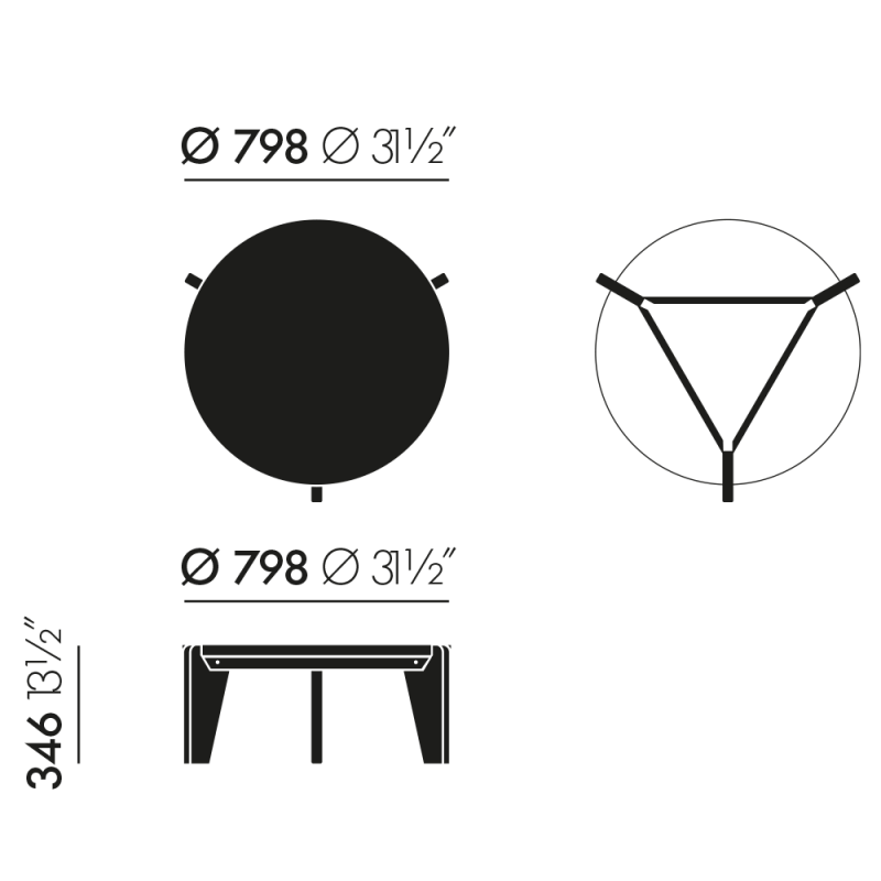 dimensions Table Guéridon Bas tafel - Solid american walnut - Vitra - Jean Prouvé - Tafels - Furniture by Designcollectors