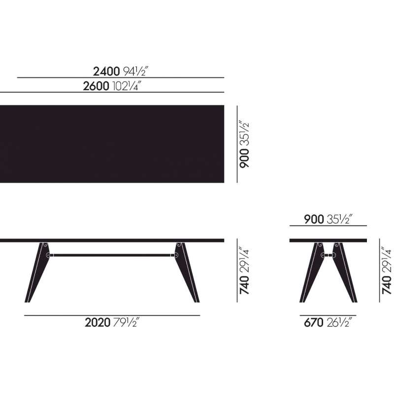 dimensions Table S.A.M. Bois (2400 x 900 mm) - Massieve Eik - Vitra - Jean Prouvé - Tafels - Furniture by Designcollectors