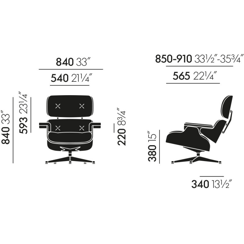 dimensions Lounge Chair & Ottoman - Santos Palisander - Kvadrat Phlox 01 Dark Green - base Pine Green 22 - new dimensions - Vitra - Charles & Ray Eames - Home - Furniture by Designcollectors