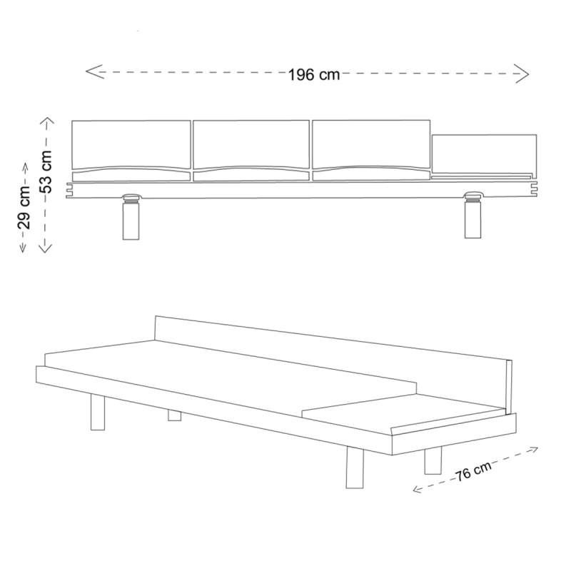 dimensions L09G Banc en bois 3 places - coussins pour 2 pers. - Pierre Chapo - Pierre Chapo - Daybed - Furniture by Designcollectors