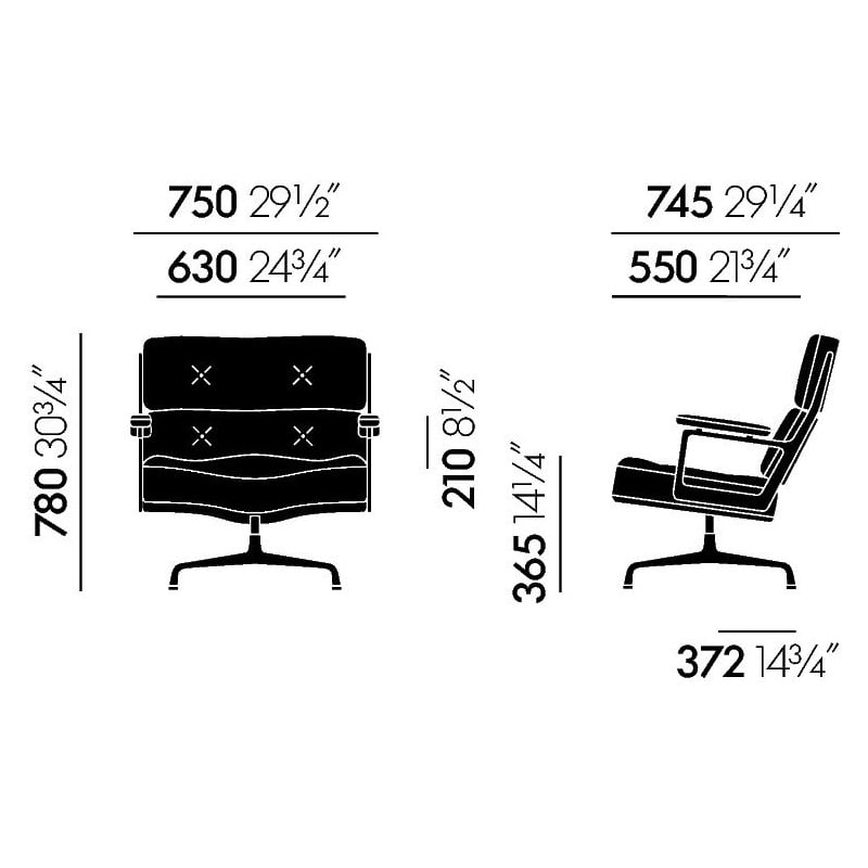 dimensions Lobby Chair ES 105 - chrome - cuir premium  F - jade - Vitra - Charles & Ray Eames - Accueil - Furniture by Designcollectors