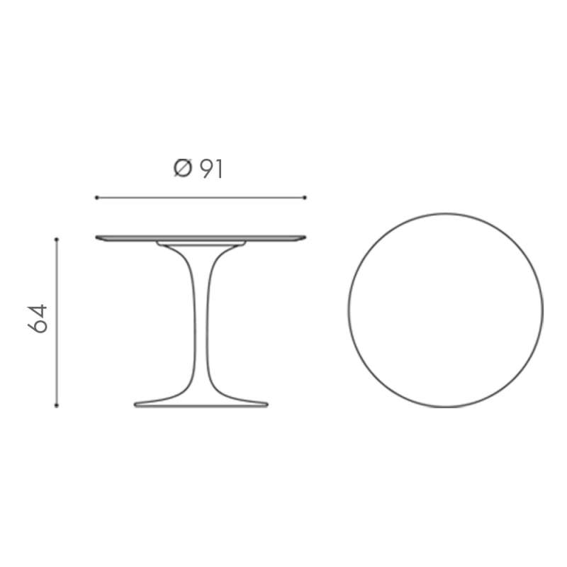 dimensions Saarinen Lounge-Height Tulip Table, white acrylic top (H64/65, D91) - Knoll - Eero Saarinen - Lage tafels en bijzettafels - Furniture by Designcollectors
