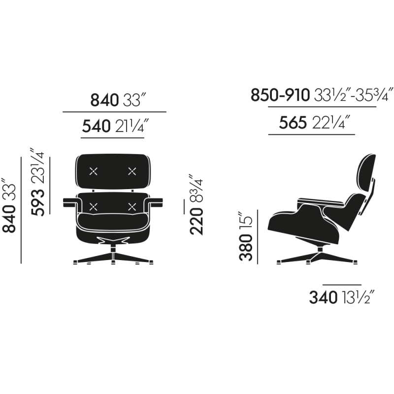 dimensions Lounge Chair & Ottoman (classic dimensions) - Leather Natural F - Nero - Santos Palisander - Vitra - Charles & Ray Eames - Home - Furniture by Designcollectors