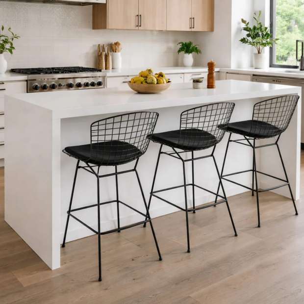 Bertoia Counter Stool - Black Rilsan - Greybrown seat pad - Knoll - Harry Bertoia - Barstools - Furniture by Designcollectors